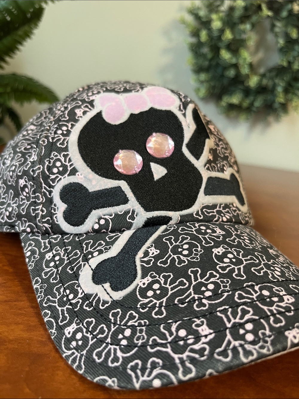Pink Cookie Black Skull Gem Eyes Baseball Cap Pink 💀 Skull Print Velcro Bow